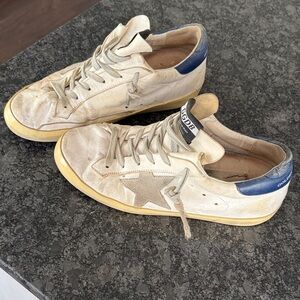 Golden Goose Off-White Leather Sneakers with Blue Heel